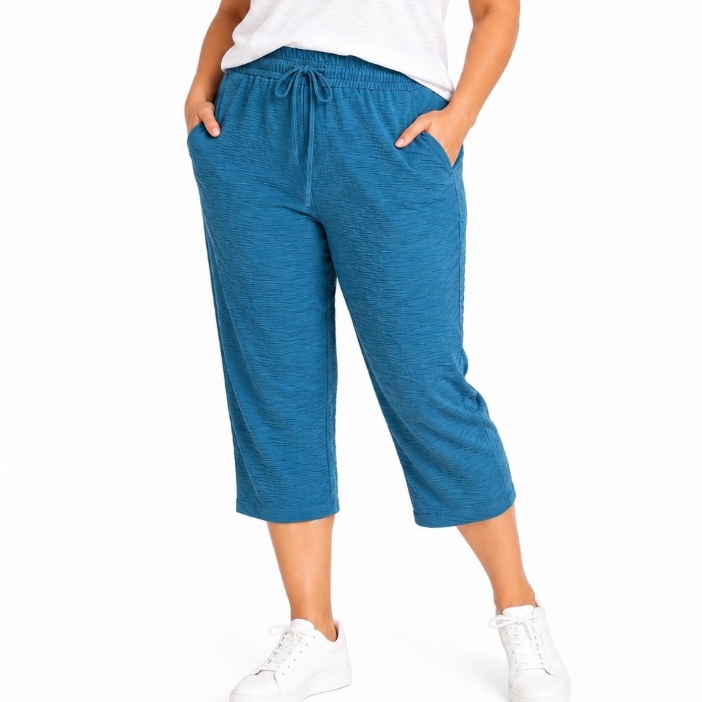 Teal Blue Textured Wide Leg Capris Pants Plus Size 2XL Elastic Waist Drawstring
